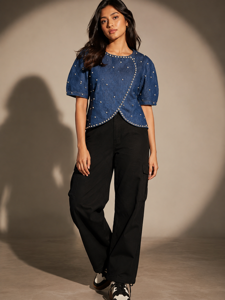 Pearl-Embellished Denim Top