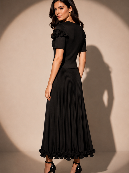 Pleated Midi Dress with Ruffle Detail