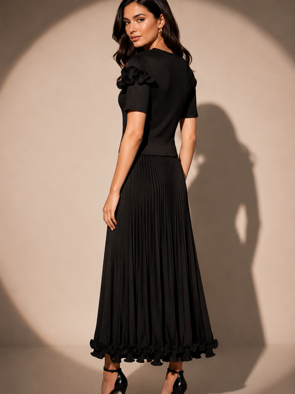 Pleated Midi Dress with Ruffle Detail