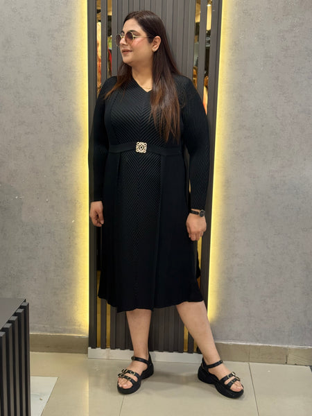 Textured Pleated Belted Midi Dress