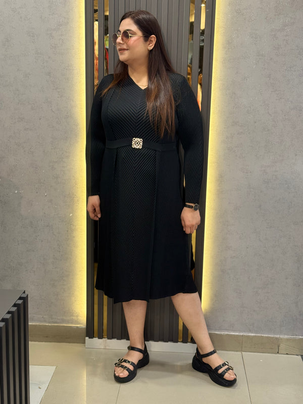 Textured Pleated Belted Midi Dress