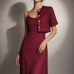 Textured Lace Midi Dress with Matching Cropped Jacket