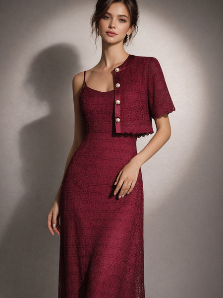 Textured Lace Midi Dress with Matching Cropped Jacket