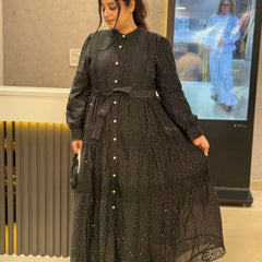 Tiered Embroidered Button-Front Maxi Dress