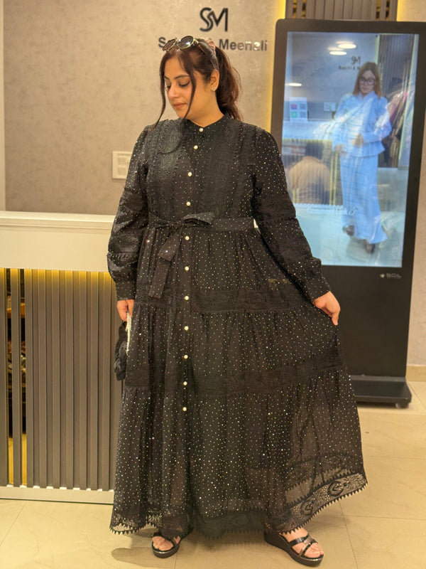 Tiered Embroidered Button-Front Maxi Dress