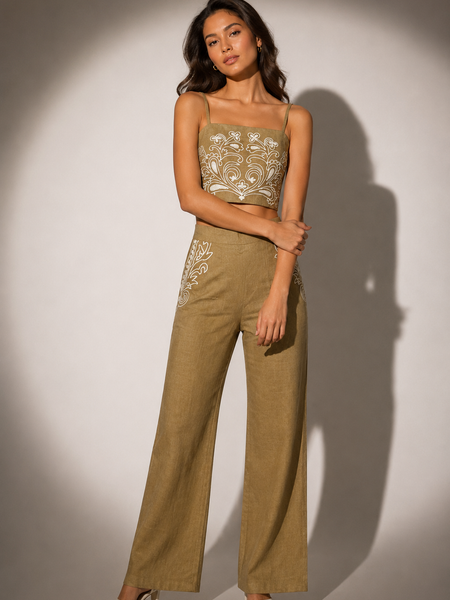 EMBROIDERED CROP TOP & WIDE-LEG TROUSERS SET