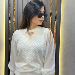 Embellished Knit Top with Pleated Sleeves