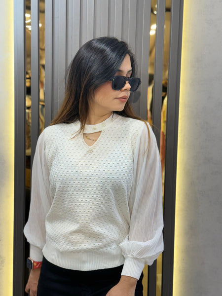 Embellished Knit Top with Pleated Sleeves