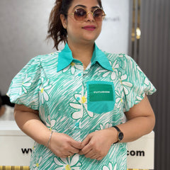 Floral Print Cropped Shirt with Contrast Collar
