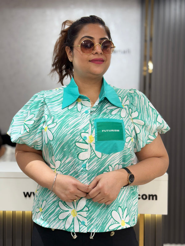 Floral Print Cropped Shirt with Contrast Collar