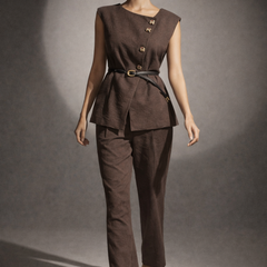 Structured Linen Blend Top with Belted Waist & Straight-Leg Trousers Set