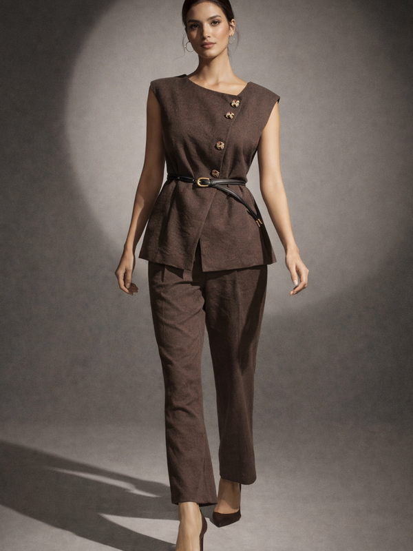 Structured Linen Blend Top with Belted Waist & Straight-Leg Trousers Set