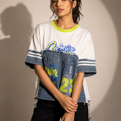 Patchwork Denim Panel Graphic T-Shirt