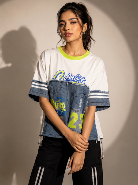 Patchwork Denim Panel Graphic T-Shirt