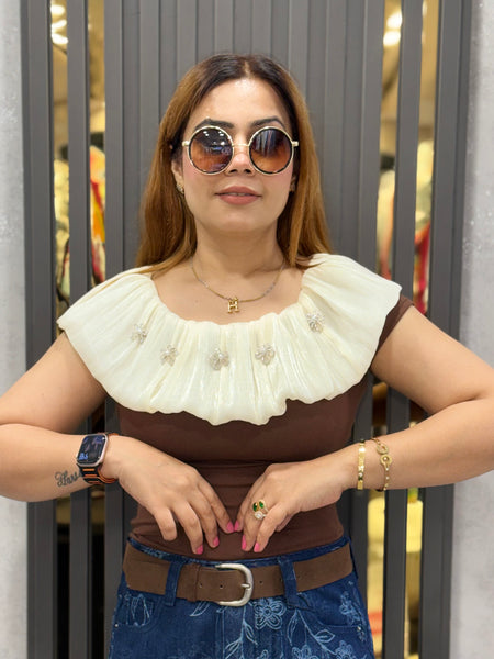 Pleated Ruffle Neck Top