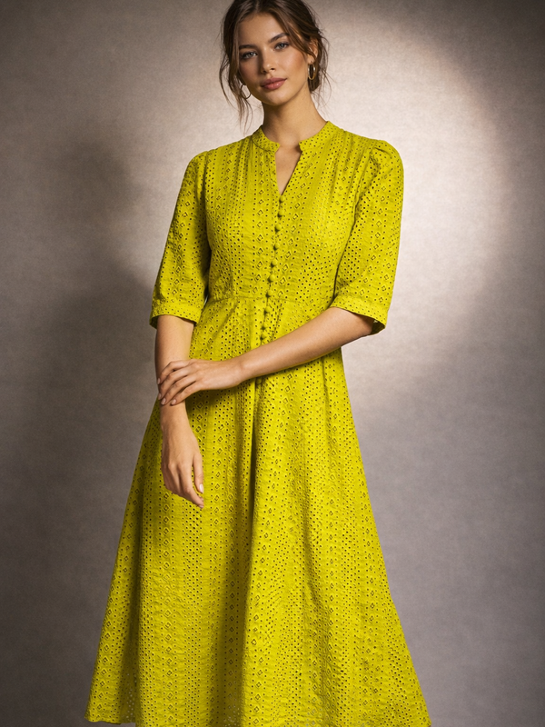 Broderie Midi Dress with Button Detail