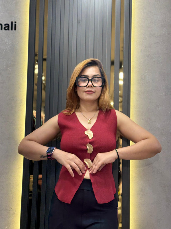 Sleeveless Top with Sculptural Metal Detail
