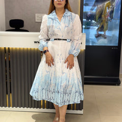 Printed Embroidered Midi Dress with Belt