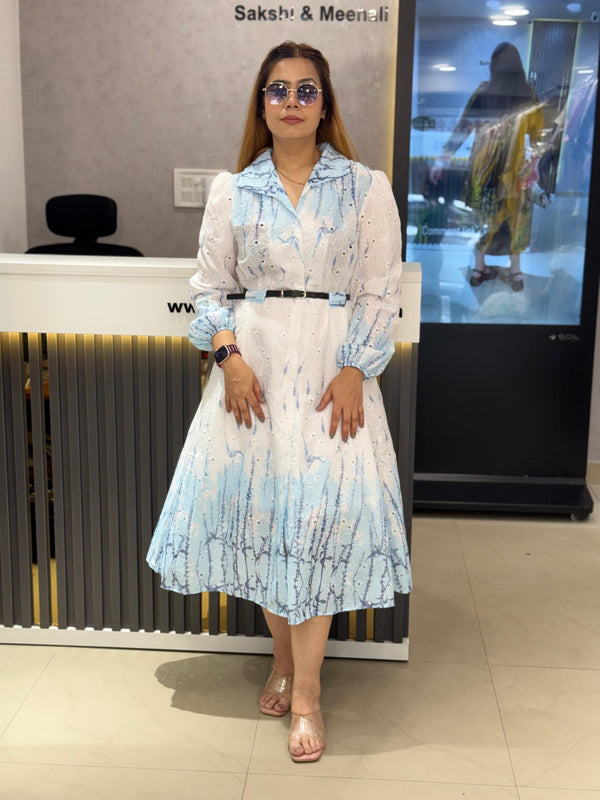 Printed Embroidered Midi Dress with Belt