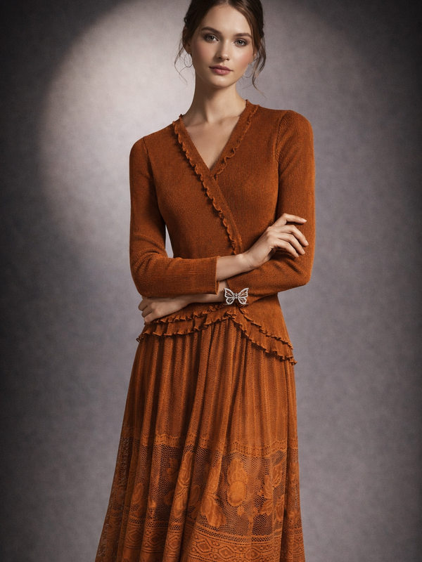Lace-Detail Knit Midi Dress