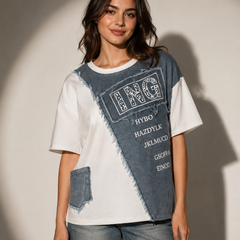 Patchwork Graphic T-Shirt with Raw-Edge Panels