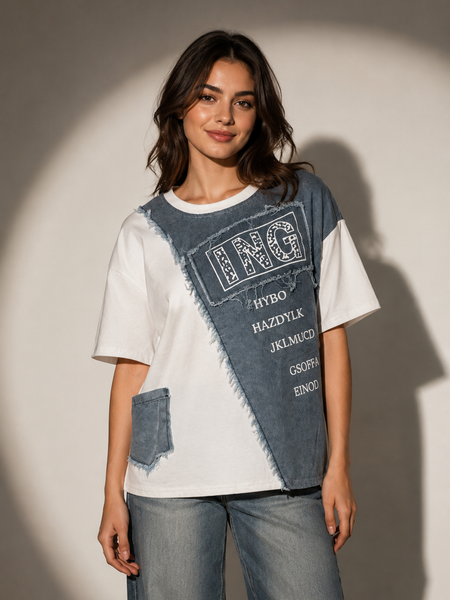 Patchwork Graphic T-Shirt with Raw-Edge Panels