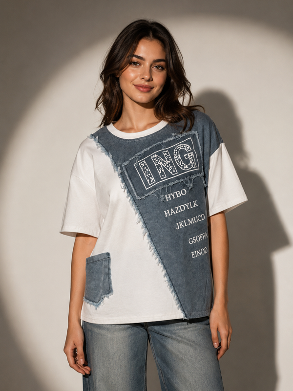 Patchwork Graphic T-Shirt with Raw-Edge Panels