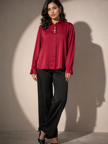 Satin Shirt with Statement Button Detail