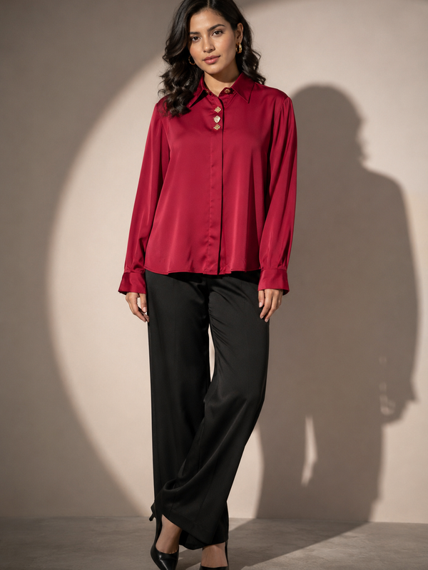 Satin Shirt with Statement Button Detail