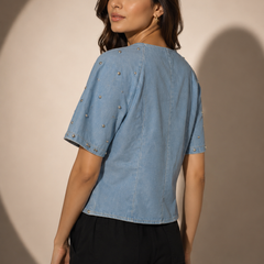 Pearl-Embellished Denim Top