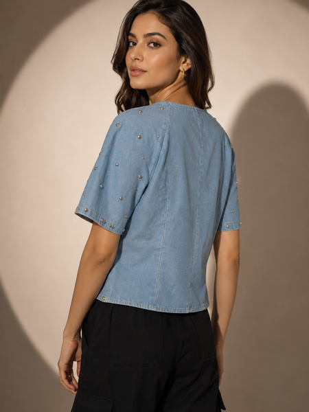 Pearl-Embellished Denim Top