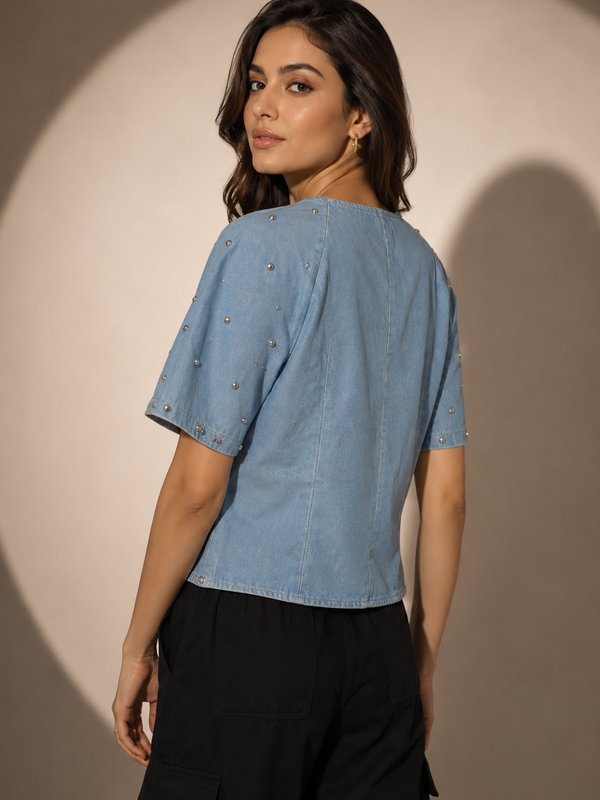 Pearl-Embellished Denim Top