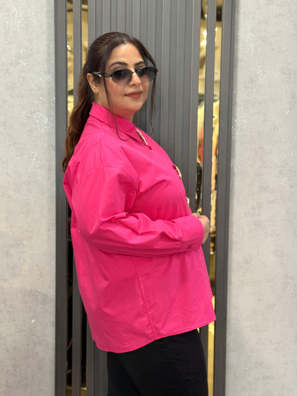 Oversized Satin-Effect Shirt with Jewel Appliqué