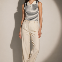 Striped Knit Polo Top with Zip Placket