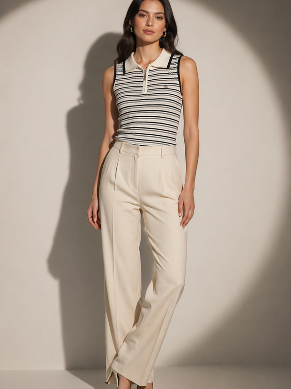 Striped Knit Polo Top with Zip Placket