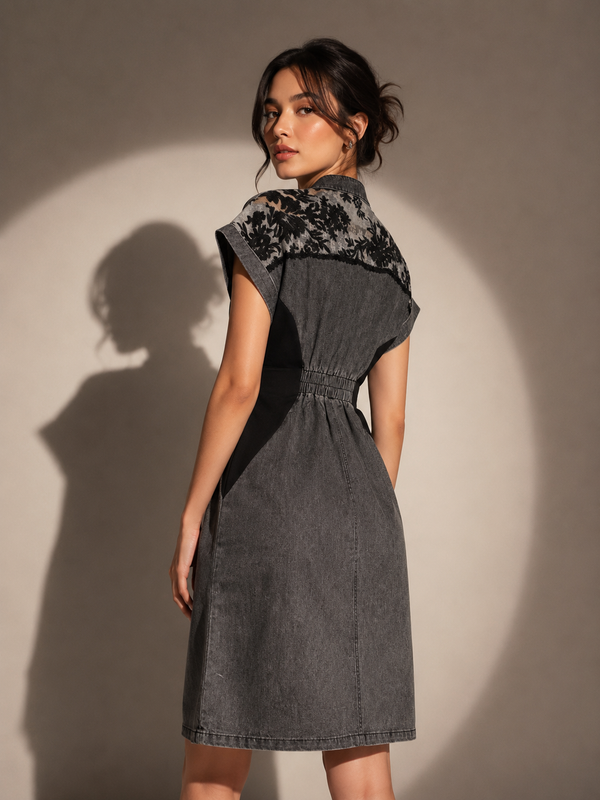 Structured Lace-Panel Midi Dress