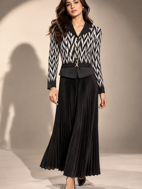 Pleated Knit Belted Maxi Dress