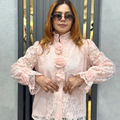 Textured Floral Appliqué High-Neck Shirt