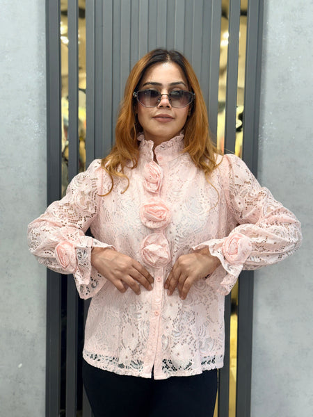 Textured Floral Appliqué High-Neck Shirt