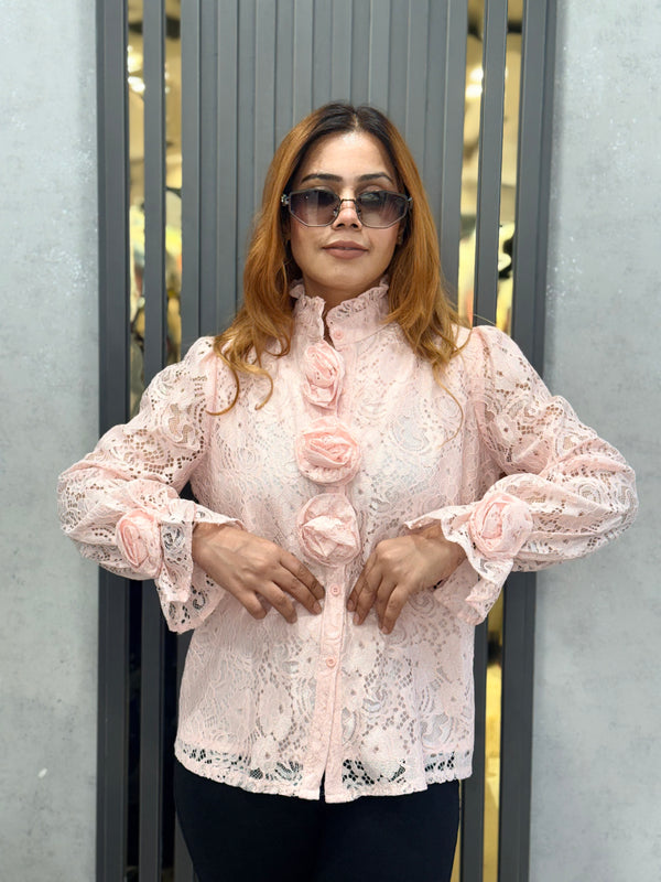 Textured Floral Appliqué High-Neck Shirt