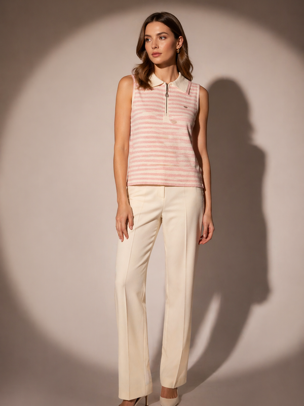 Striped Knit Zip-Collar Top & Structured Midi Skirt Set