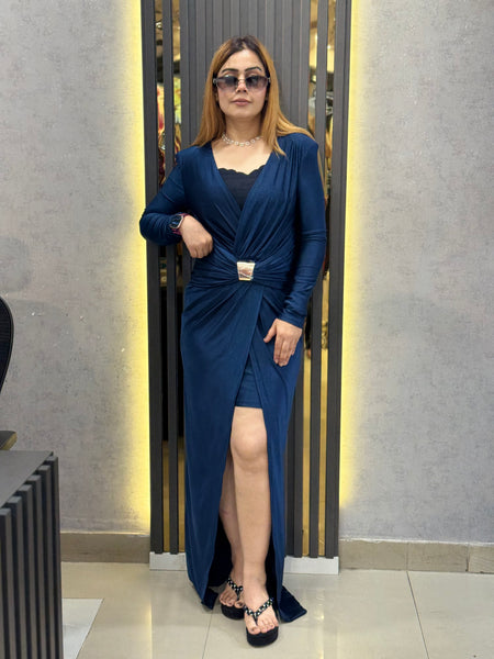 Draped Midi Dress with Metallic Accent