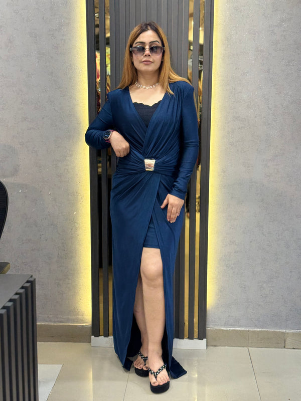 Draped Midi Dress with Metallic Accent