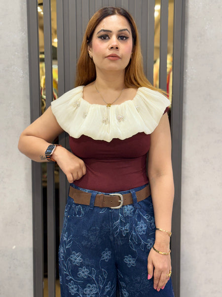 Pleated Ruffle Neck Top