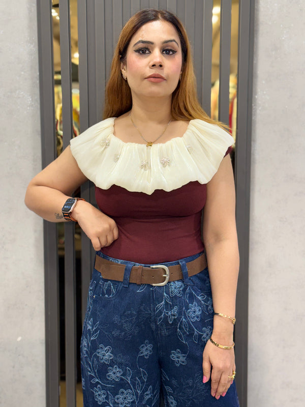 Pleated Ruffle Neck Top