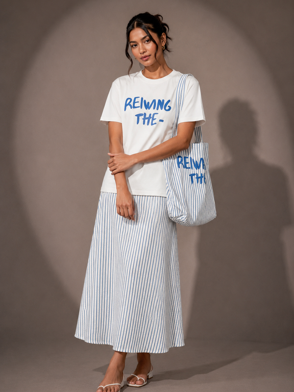 Slogan T-Shirt and Striped  Skirt top