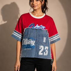 Patchwork Denim Panel Graphic T-Shirt