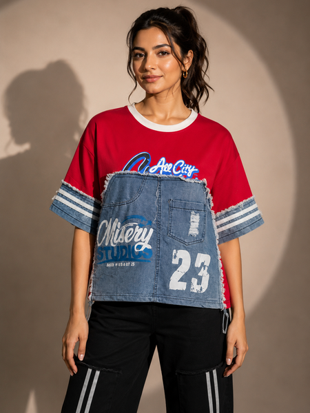 Patchwork Denim Panel Graphic T-Shirt