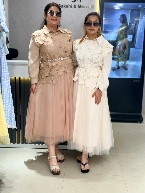 Lace Overlay Pleated Midi Dress with Belt