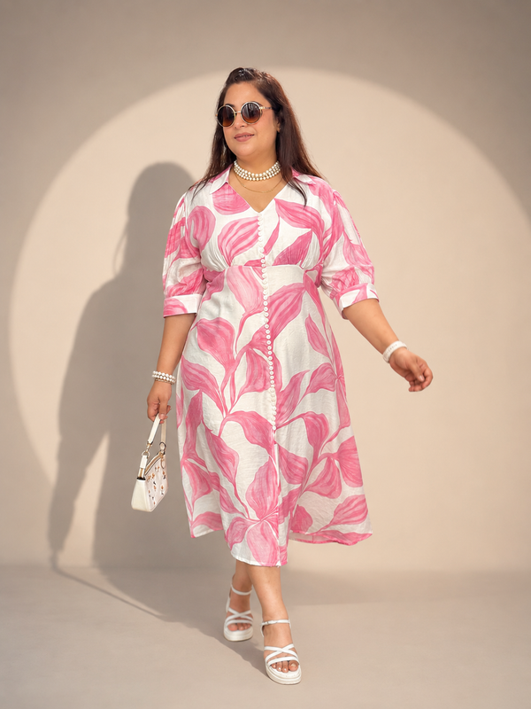 Printed Floral Dress With Button Detail ￼